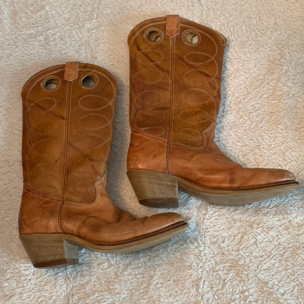 Texas Leather Mfg Cowboy Boots Tan Marbled Leather Spiral Stitching Men’s 9